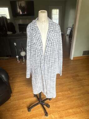 Melloday XL Women's Black and White Plaid Open Front Longline Duster Blazer